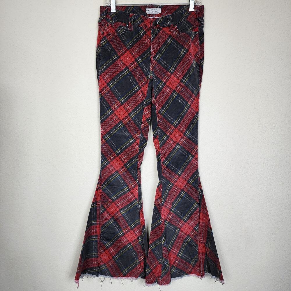 Free People Red Plaid Flare Wide Leg Jeans - Picture 2 of 5